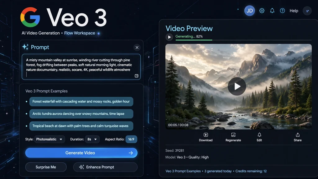 Veo 3 Pricing in Pakistan & India dashboard showing video preview
